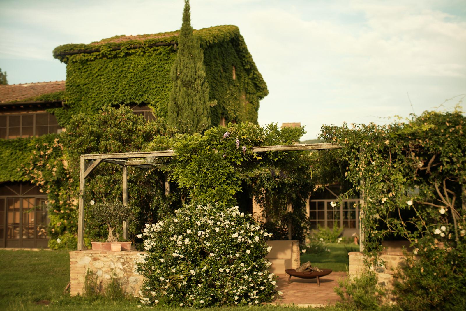 Ivy-covered villa behind a flowering pergola in the garden